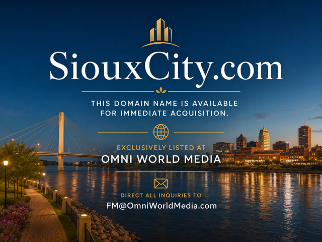 SiouxCity.com — this domain name is available for immediate acquisition. Exclusively listed at Omni World Media. Direct all inquiries to FM@OmniWorldMedia.com.